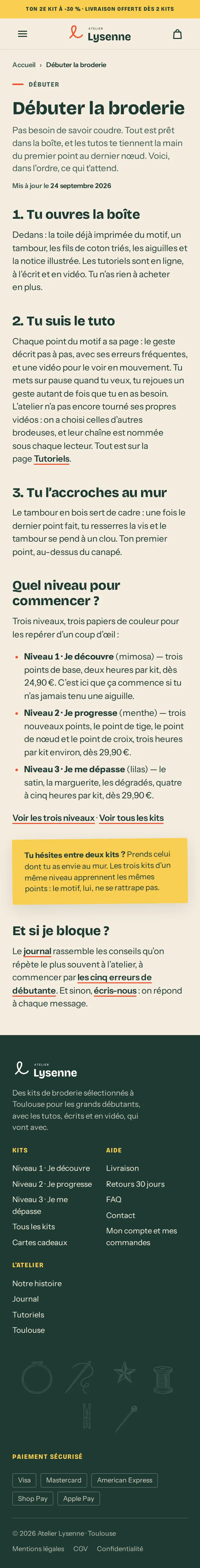 Capture de page « Débuter la broderie » du site Atelier Lysenne, sur téléphone