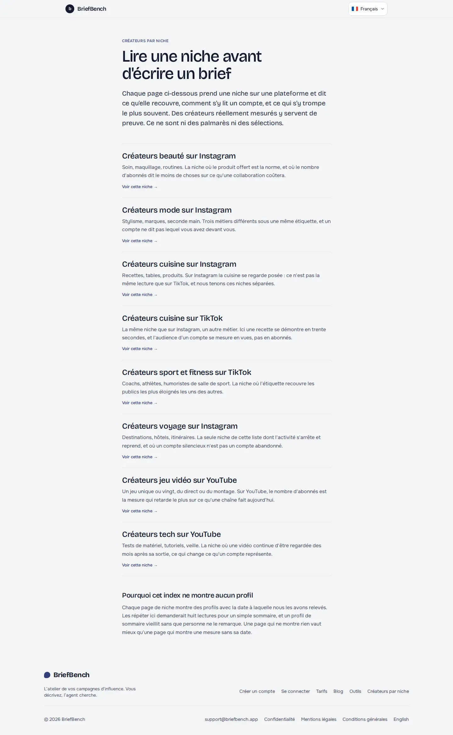 Capture de page « Créateurs par niche et par plateforme » du site BriefBench, sur ordinateur