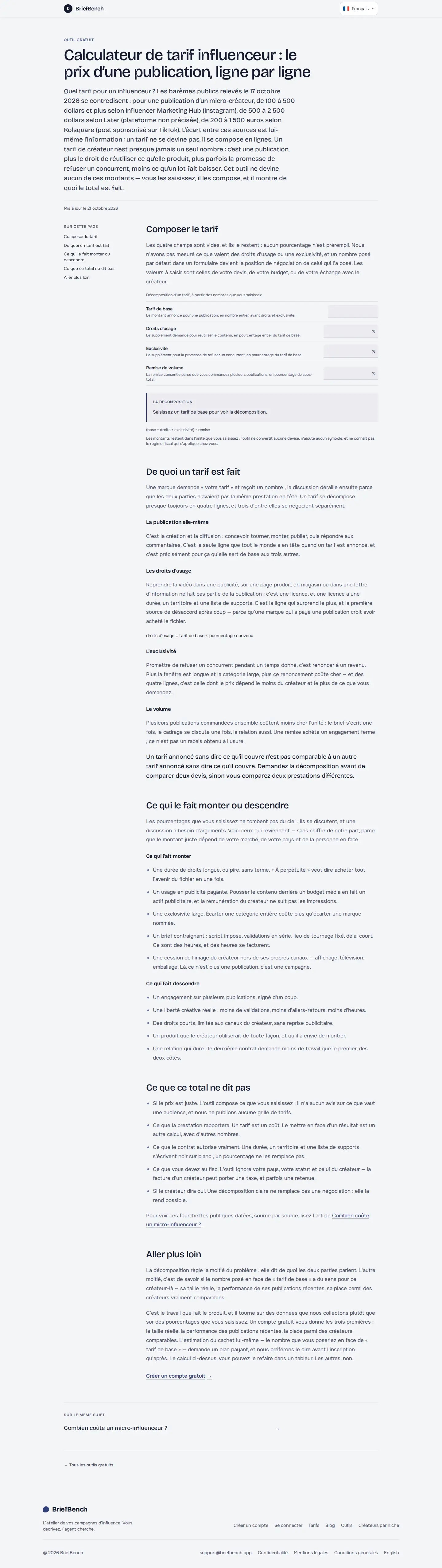 Capture de page du calculateur de tarif d'influenceur du site BriefBench, sur ordinateur