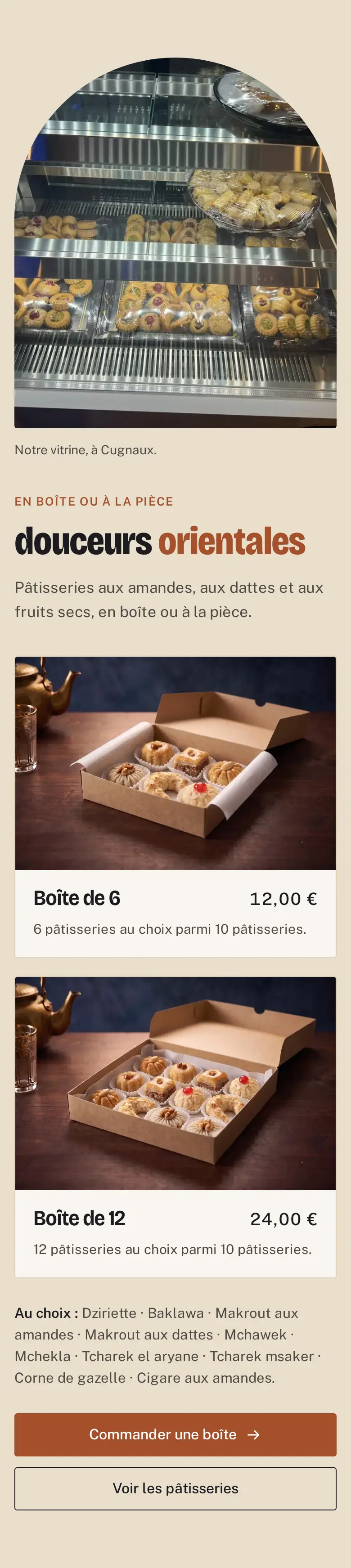 Capture de section « Douceurs orientales » du site L'Euro Orientale, sur téléphone