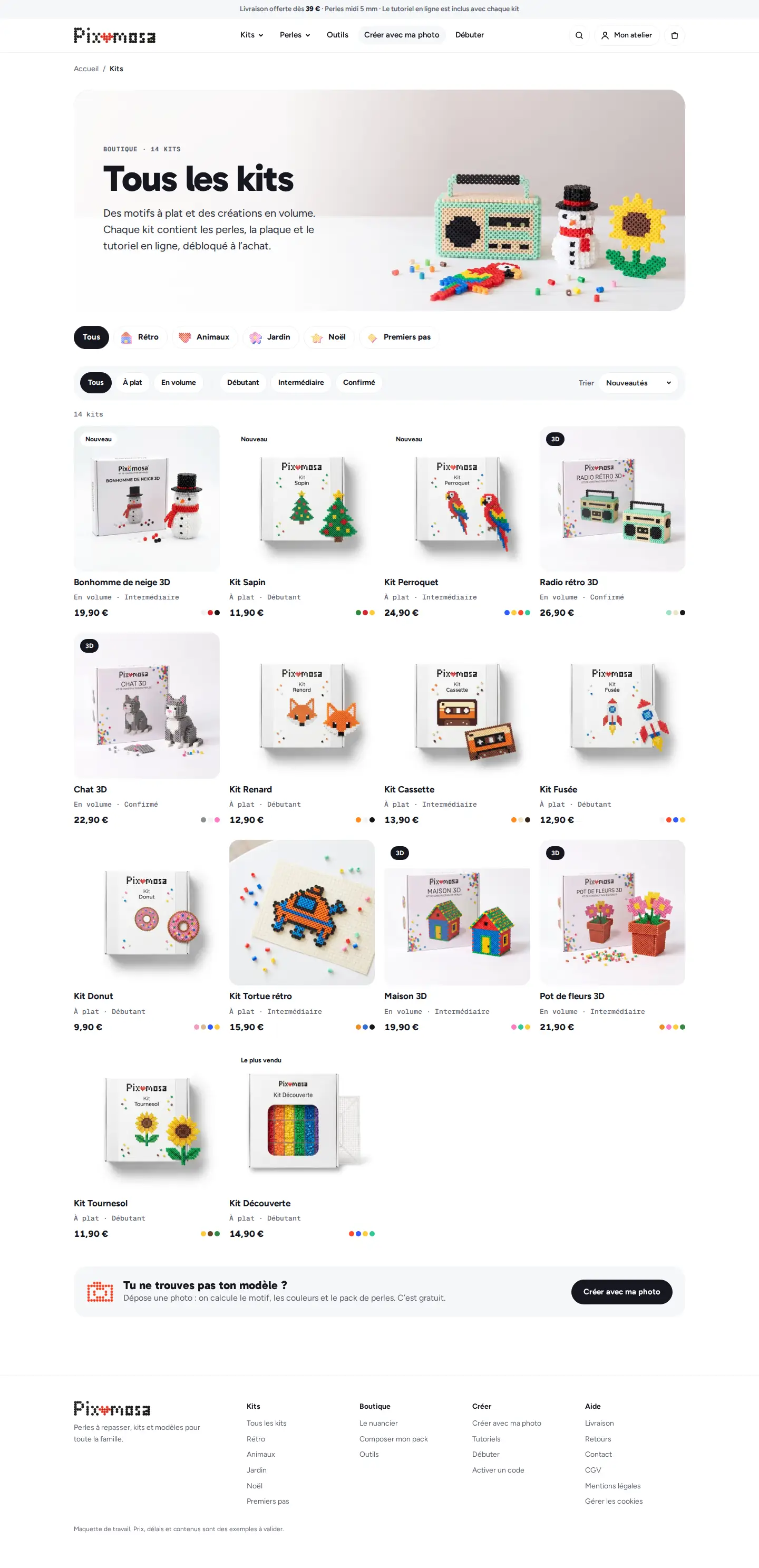 Capture de page du catalogue des kits du site Pixomosa, sur ordinateur