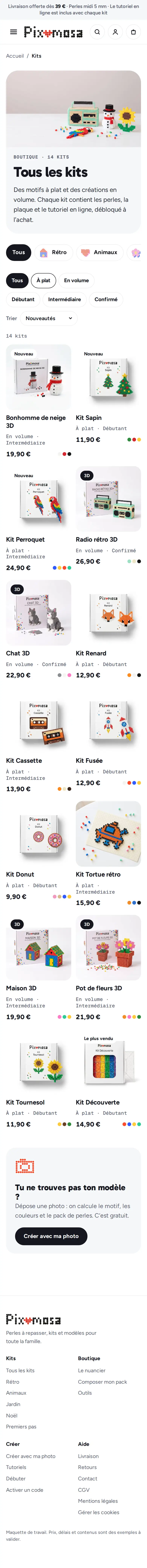 Capture de page du catalogue des kits du site Pixomosa, sur téléphone