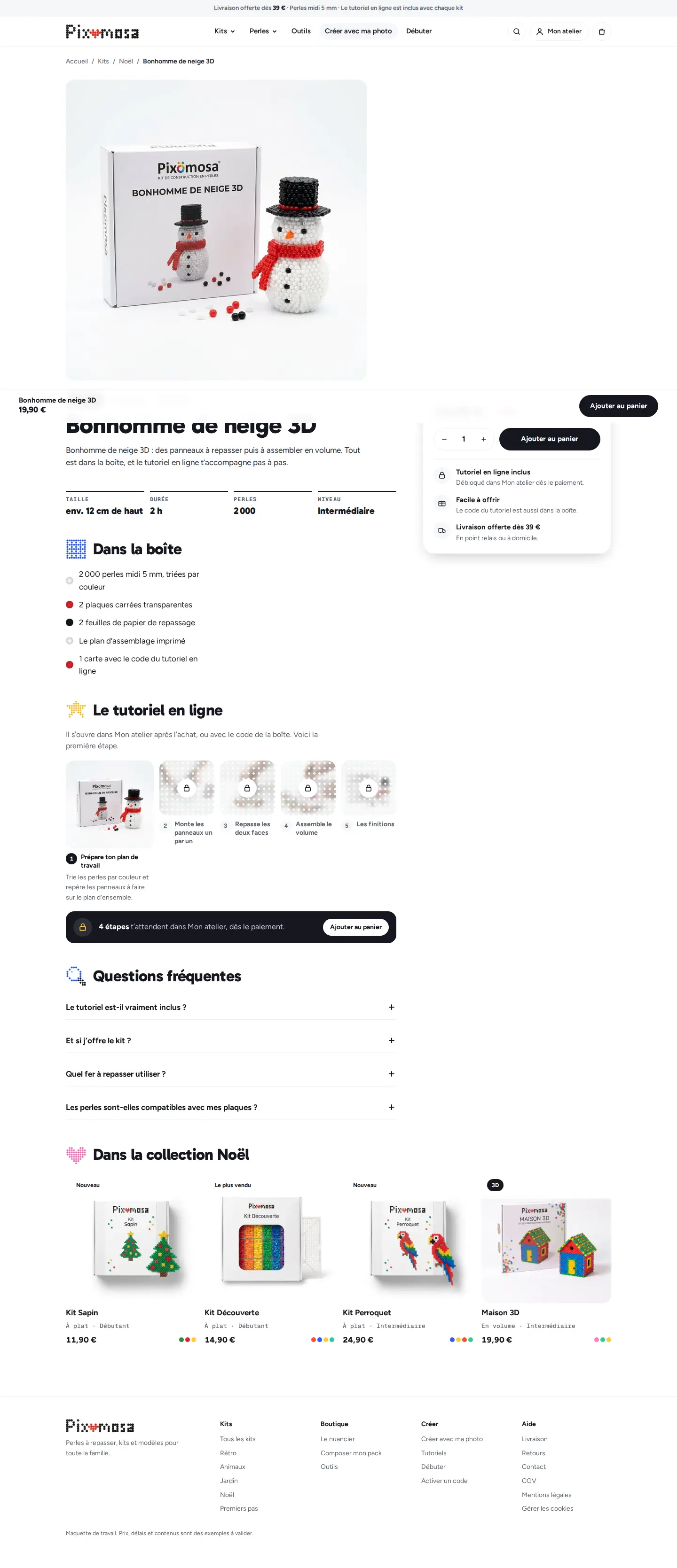 Capture de fiche du kit « Bonhomme de neige 3D » du site Pixomosa, sur ordinateur
